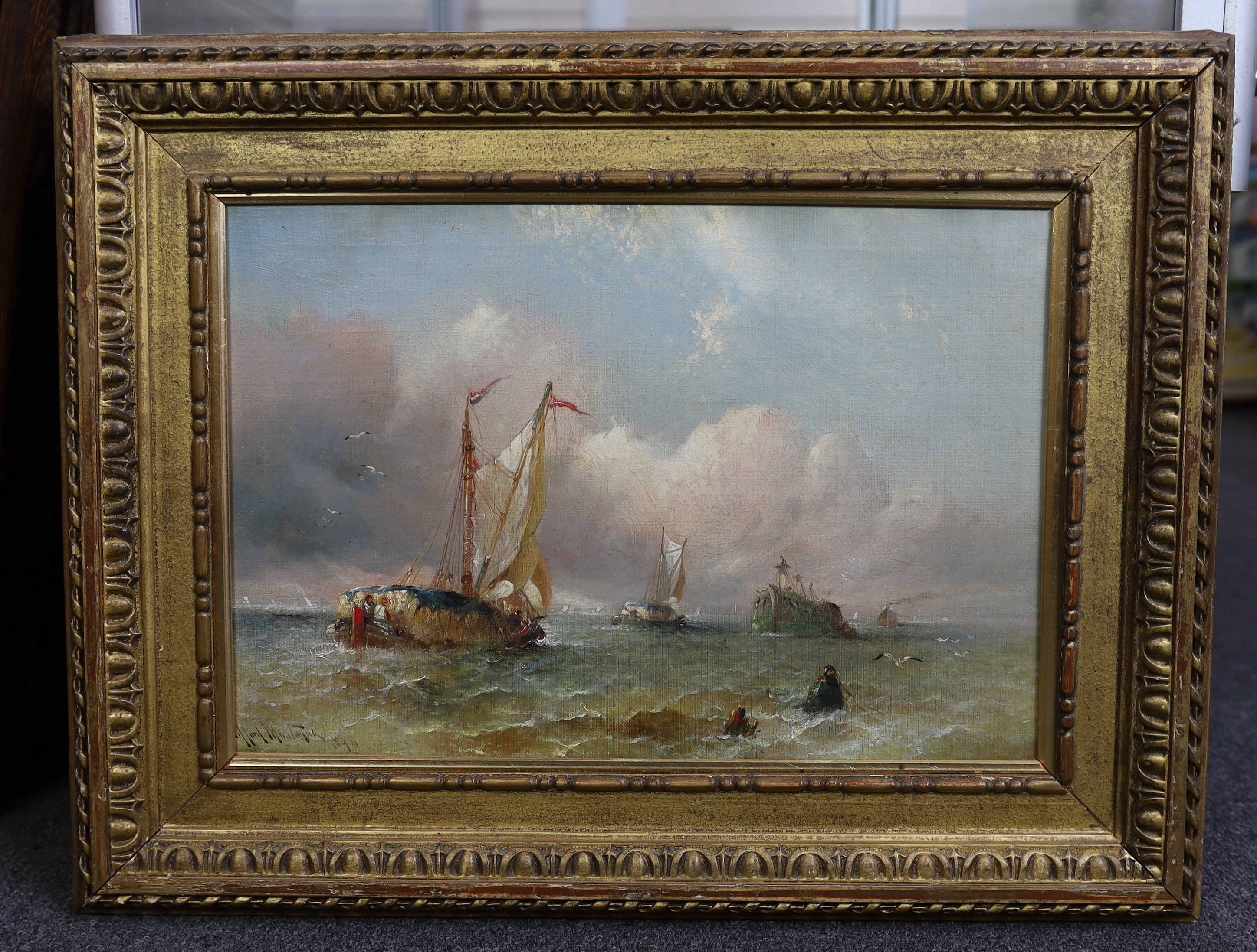 Clifford Montague (British, 1845-1901), Hay barges off the coast, oil on canvas, 28.5 x 41cm